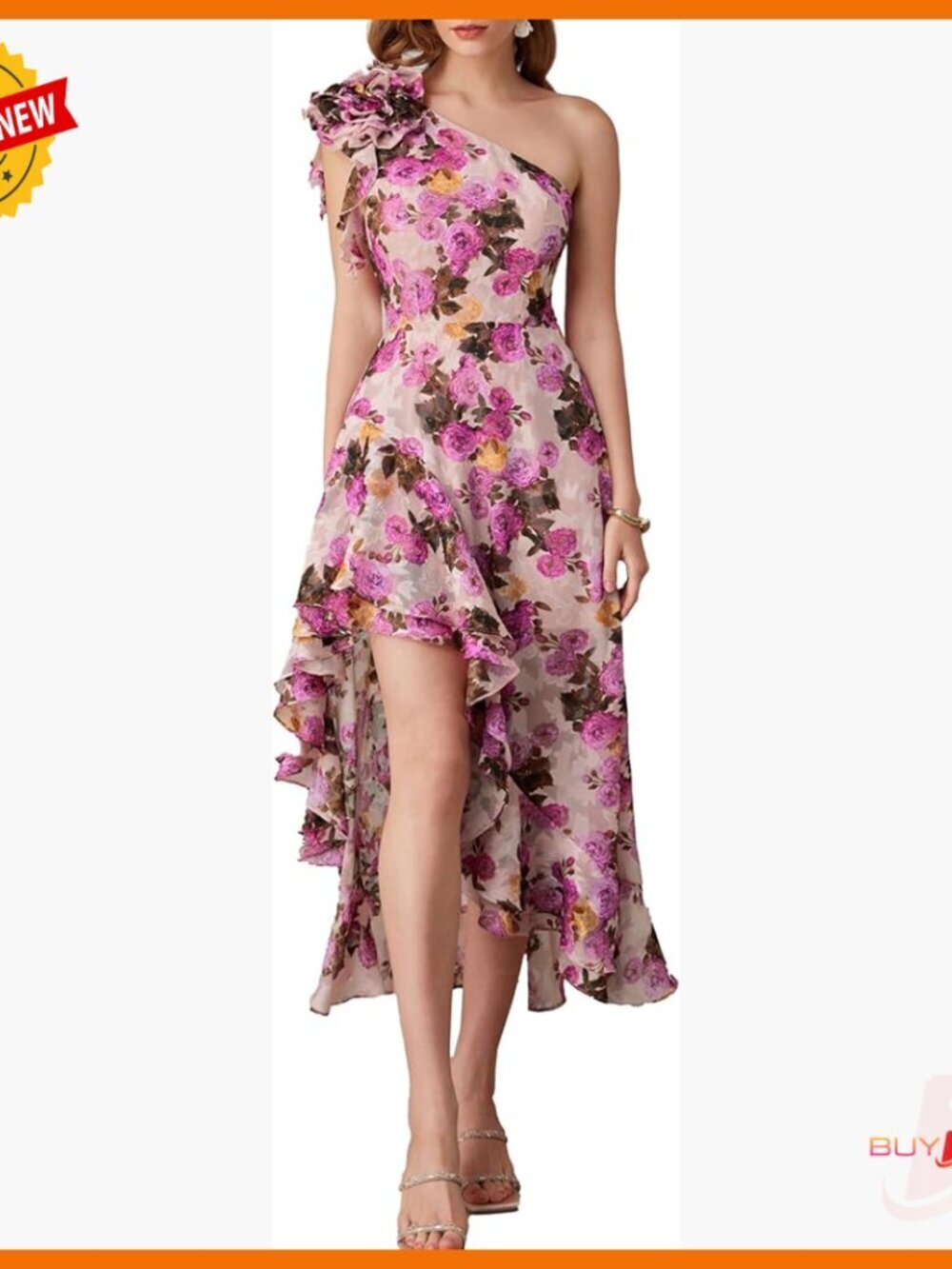 One Shoulder Floral Maxi Dress, Ruffle Hem, Wedding Guest Formal